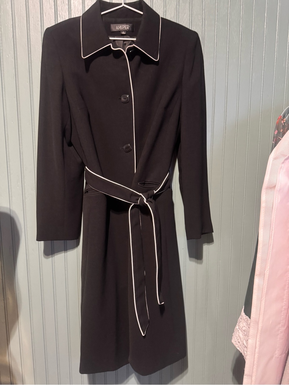 Kasper Black Coat with White Piping Belted Trench Suit to pay for my wedding